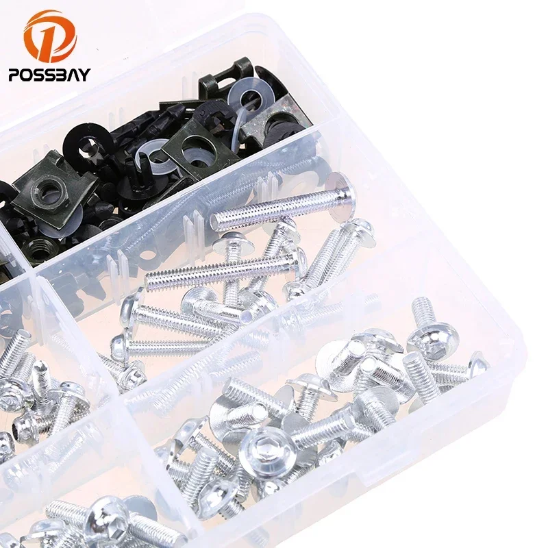 POSSBAY 223Pcs Motorcycle Fairing Bolts Kit Fastener Clips Screws Nuts Fit for Kawasaki Honda Suzuki Iron Scooter Bolts