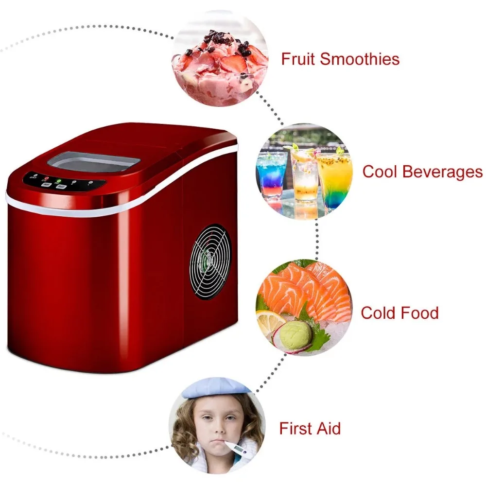 Máquina de hacer cubitos de hielo eléctrica compacta y portátil, Mini Cubo de 26LB por día, máquina para hacer cubitos de hielo, cocina de guijarros, bar, Rojo