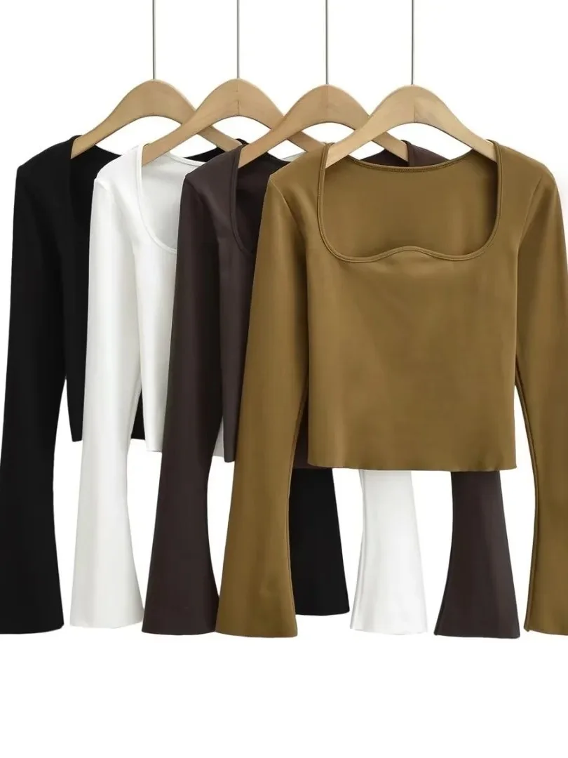 New 2024 Autumn Solid Color Slim Pure Desire Style Spicy Girl Sexy Square Neck Trumpet Sleeve Casual Versatile Pullover 6MRU