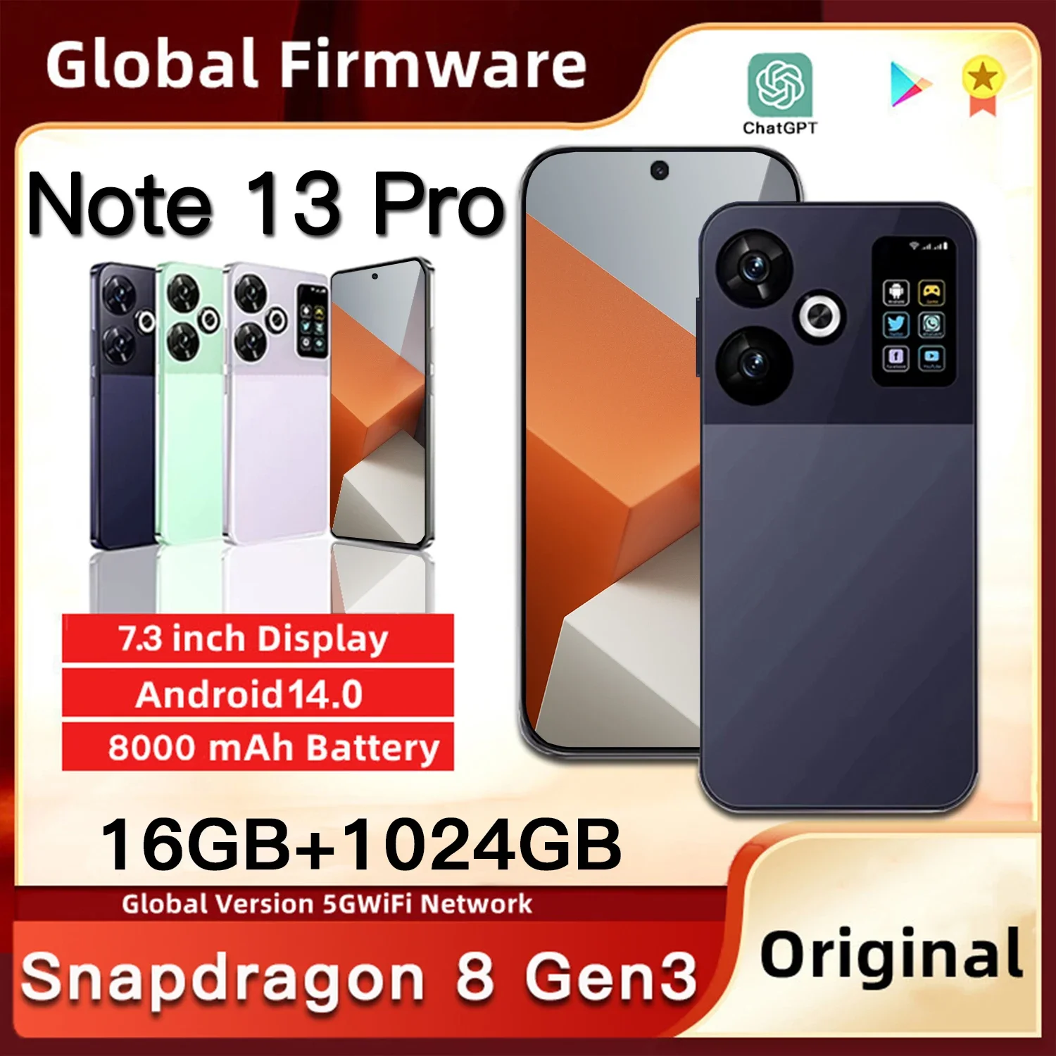 

Original Smartphone Note 13 Pro Global version Mobile Phones 16G+1T 7.3'' HD+ Android 14 8000mAh Battery 108MP Camera Cellphone