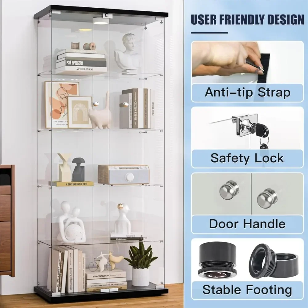 Xmsj Glas vitrine, 5 Regale mit LED-Leuchten, Bücherregal mit 5mm gehärtetem Glas, raumhohe Glass chrank