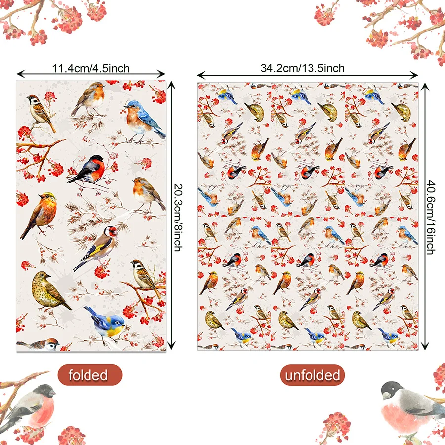 20Pcs Rustic Wild Bird Printed Disposable Paper Napkins Red Berries Floral Branch Pattern Tea Party Bridal Shower Table Decor