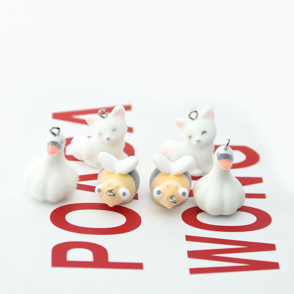 30pcs 3D Flocking Resin Fox Bee Garlic Duck Charms Animal Pendant for Necklace Keychain DIY Making Jewelry Accessories Wholesale