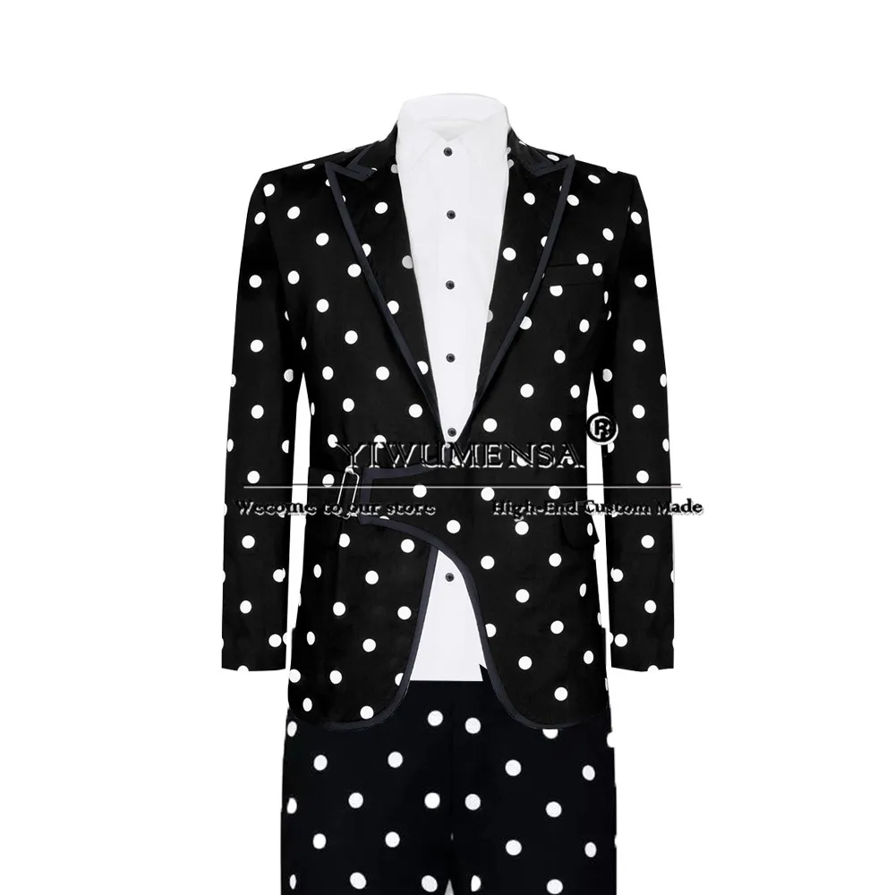 

Elegance Business Suits Men For Wedding Bespoke Black With White Polka Dotted Jacket Pants 2 Pieces Groom Tuxedos Costume Homme