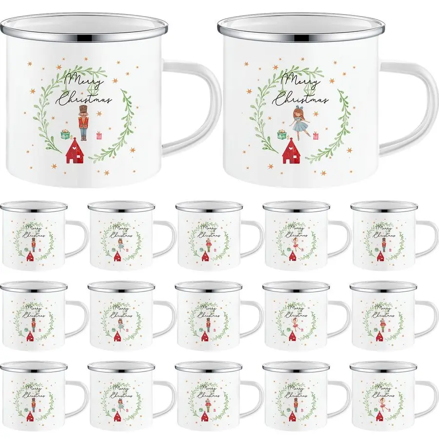 

16 Pcs Christmas Enamel Coffee Mugs with Silver Rim 12oz Xmas Hot Chocolate Mugs for Winter Gifts