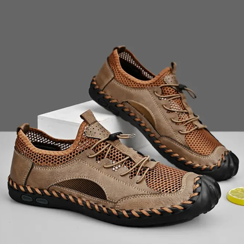 Men Elastic Band Sandals Summer New Handmade Mesh Loafers Breathable Large Size Shoes Retro Driving Flats Sapato Masculinos image 4