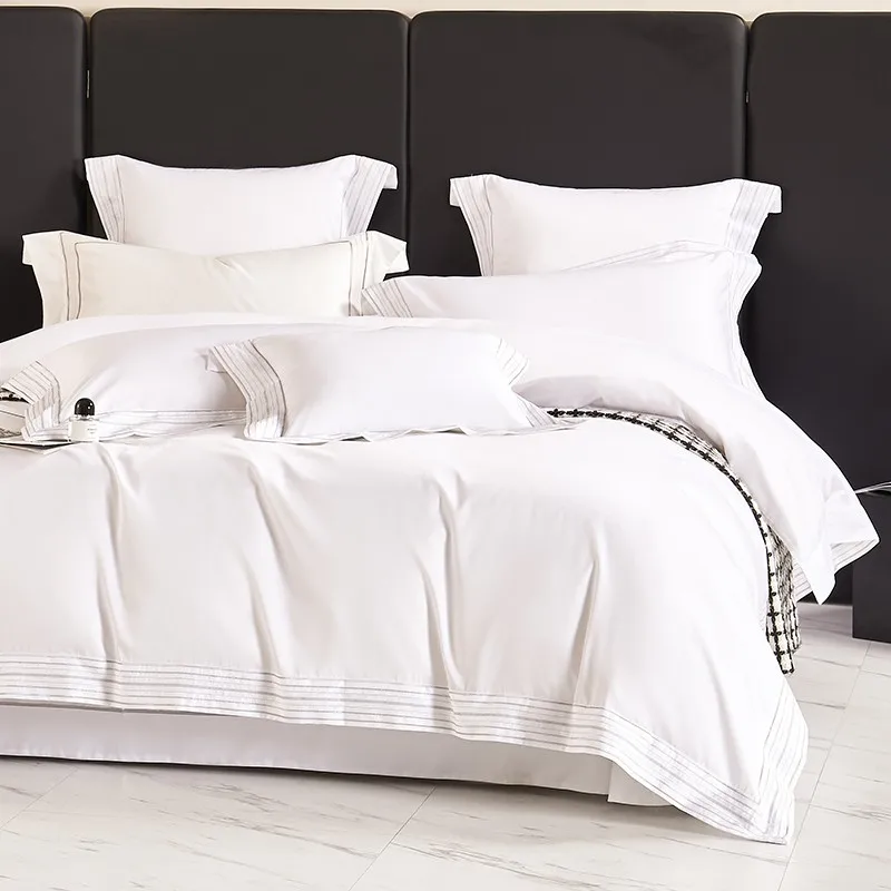 4Pcs Double Queen King Super King Size 1000TC Cotton Luxury Hotel Bedding set Chic White with Gray Embroidery Duvet Cover Set