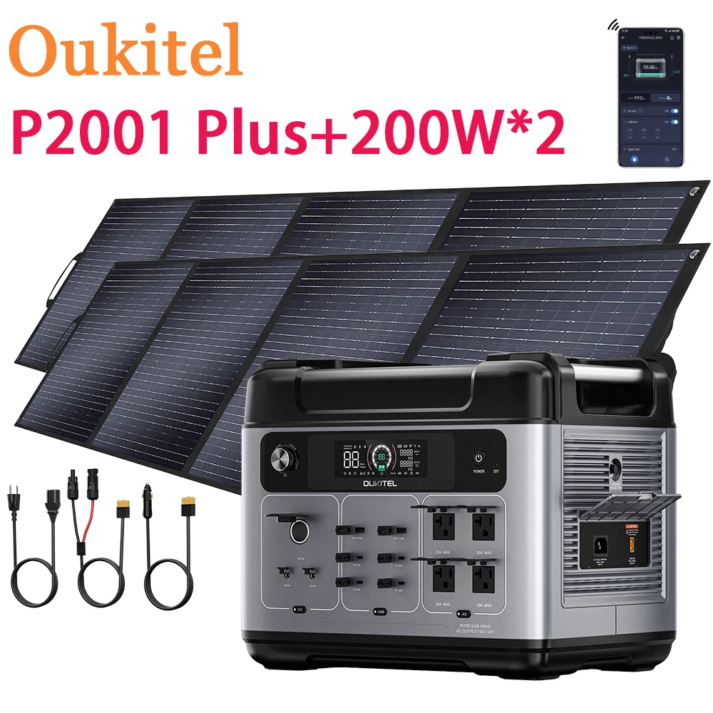 OUKITEL 2048Wh 2400W (4800peak）Portable Power Station P2001 Plus With 400W(2x200W) SolarPanel 13Versatile Outlet Lifepo4 Battery
