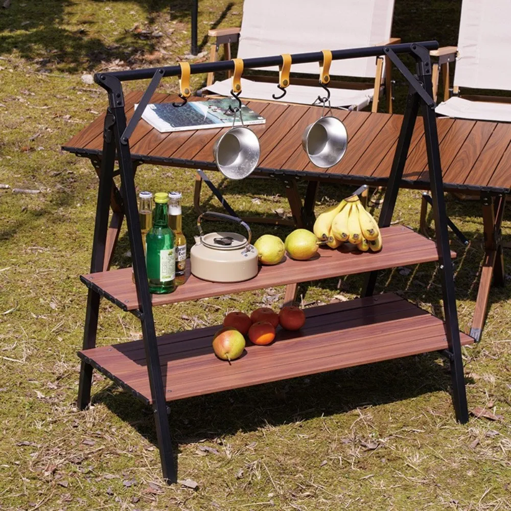 

Camping Double-layer Shelf Foldable Aluminum Alloy Shelf With Hook Portable Storage Triangle Hangers Outdoor Storage Shelf