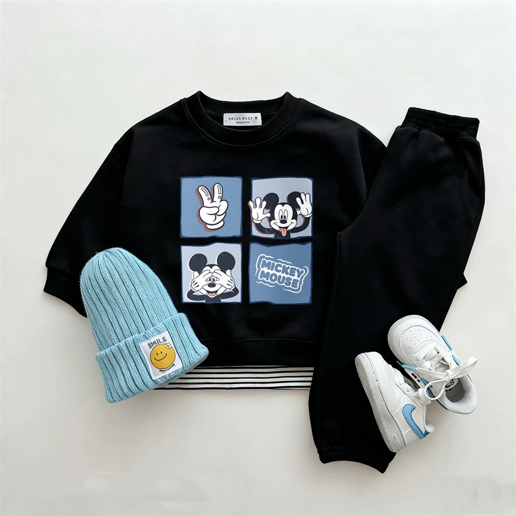 2 3 4 5 6 سنوات ملابس أطفال أسود رقبة مستديرة هوديس فضفاض السراويل الرياضية مجموعات الأولاد نمط جديد الكرتون البلوفرات Sweatpants سوداء