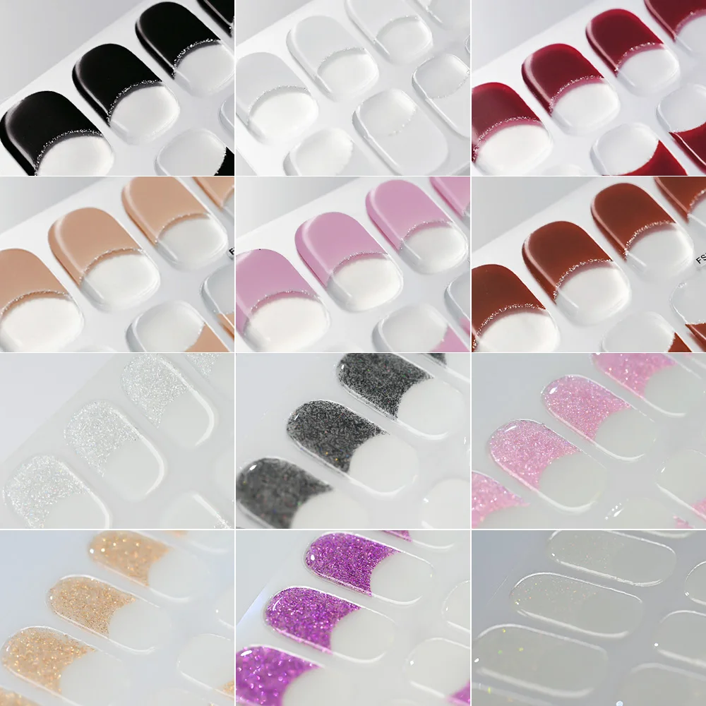 16Tips French UV Semi-Cured Nail Art Stickers 6colors Full Cover Gel Nail Decal LongLasting For UV Lamp Adhesive Manicure Patch