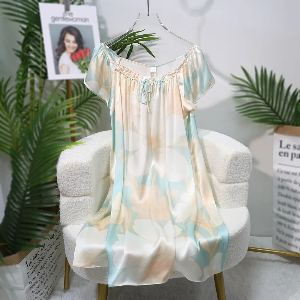 Summer Fashion Printed Silk Pajamas Short Sleeve Lightweight Hangzhou Silkworm Silk Home Wear Loose Fit XL Size Nightdress Sleep