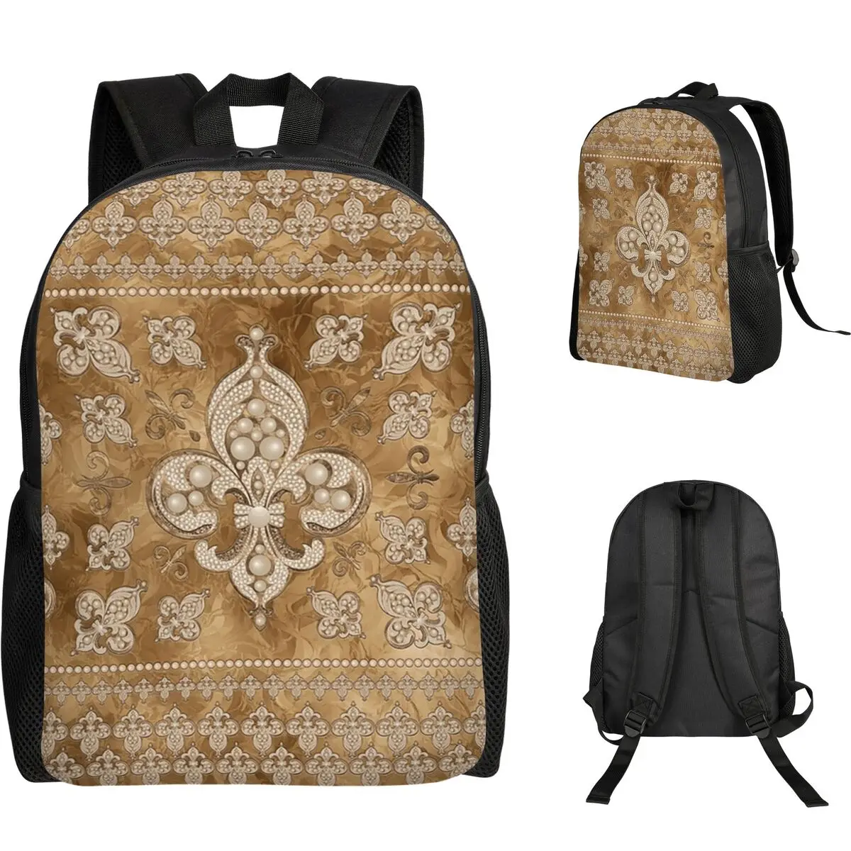 Fleur-de-lis Luxury Pearl And Gold Student Backpack School Bag Hiking Travel Daypack Boys Girls Fashion Bookbag Shoulder Bags