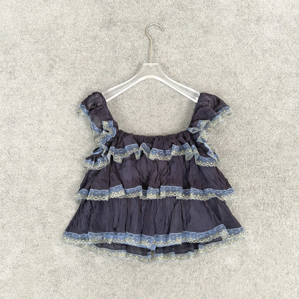 Women Ruffle Lace Tiered Cami Top Square Neck Tie Front Cap Sleeve Sheer Chiffon Vintage Fairy Cropped Blouse Summer Tank Top