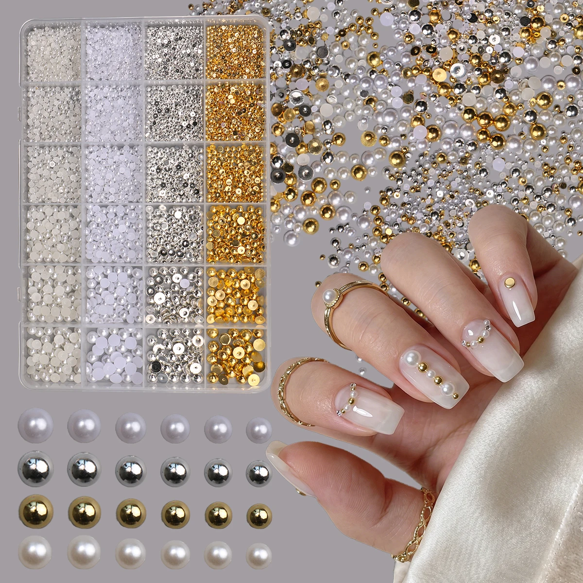 Image of 24-teiliges Nagelkunst-Set mit Halbrunden Perlen & Metallstahlperlen - Weiß, Gelb, Gold, Silber Mix - Elegantes Französisches Dekor für Hochzeiten, Gr