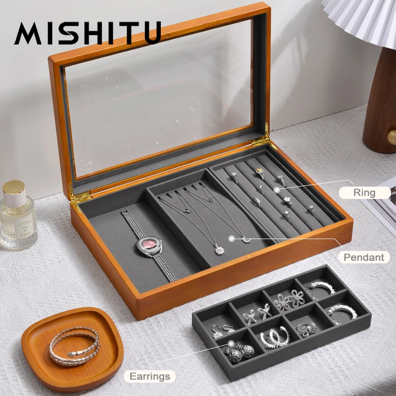 MISHITU 단단한 나무 보석 보관함, 귀걸이 목걸이 펜던트 링, 창문 디스플레이 정리함 케이스, 보석 디스플레이 보관 트레이 