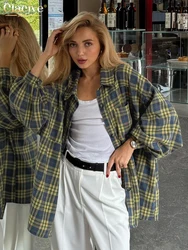 Clacive Vintage Loose Plaid Women's Shirt 2025 Fashion Lapel Long Sleeve Office Blouses Elegant Classic Top Female Clothing