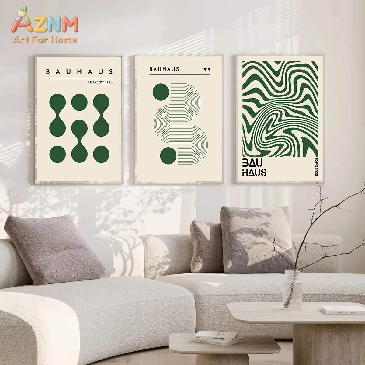 AZNM 3pcs Bauhaus Geometric Green Exhibition Prints Poster Modern Minimalist Aesthetic Canvas Painting Home Decor Poster