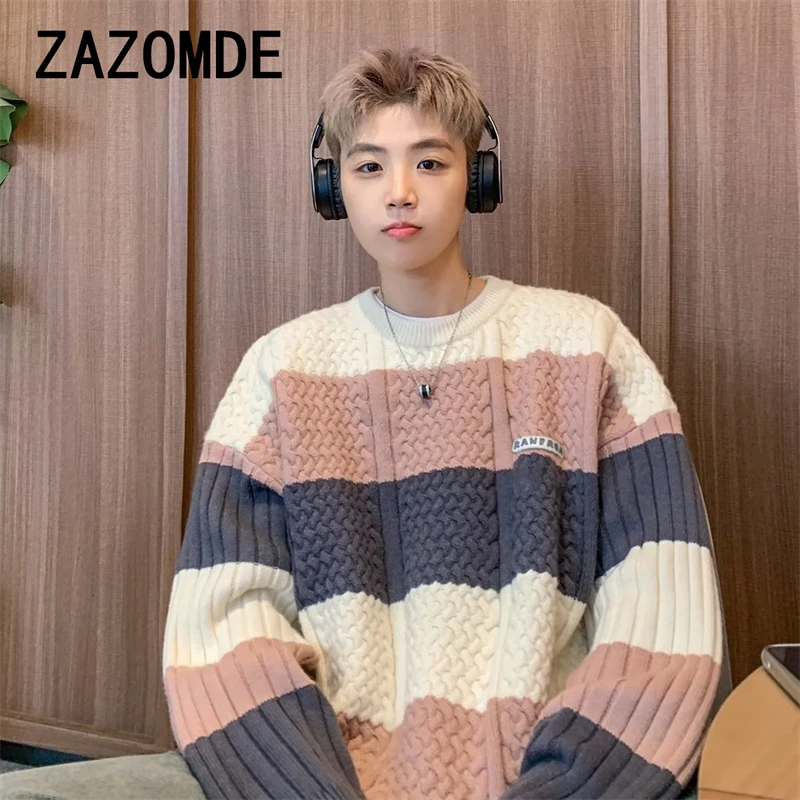 ZAZOMDE Striped Knit Sweater Men Autumn Winter New Style Japanese Vintage Trendy Brand Casual Pullover Knitted Top Clothing Men