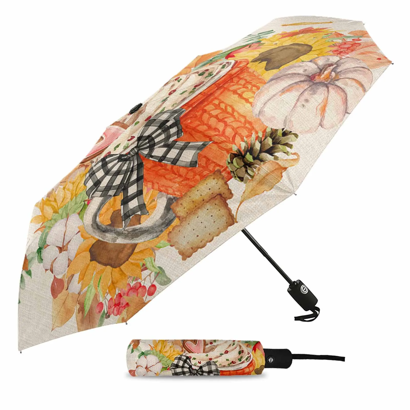 Autumn Thanksgiving Sunflowers Leaves Pumpkin Fully-automatic Umbrella for Outdoor Adults Foldable Eight Strand Umbrella