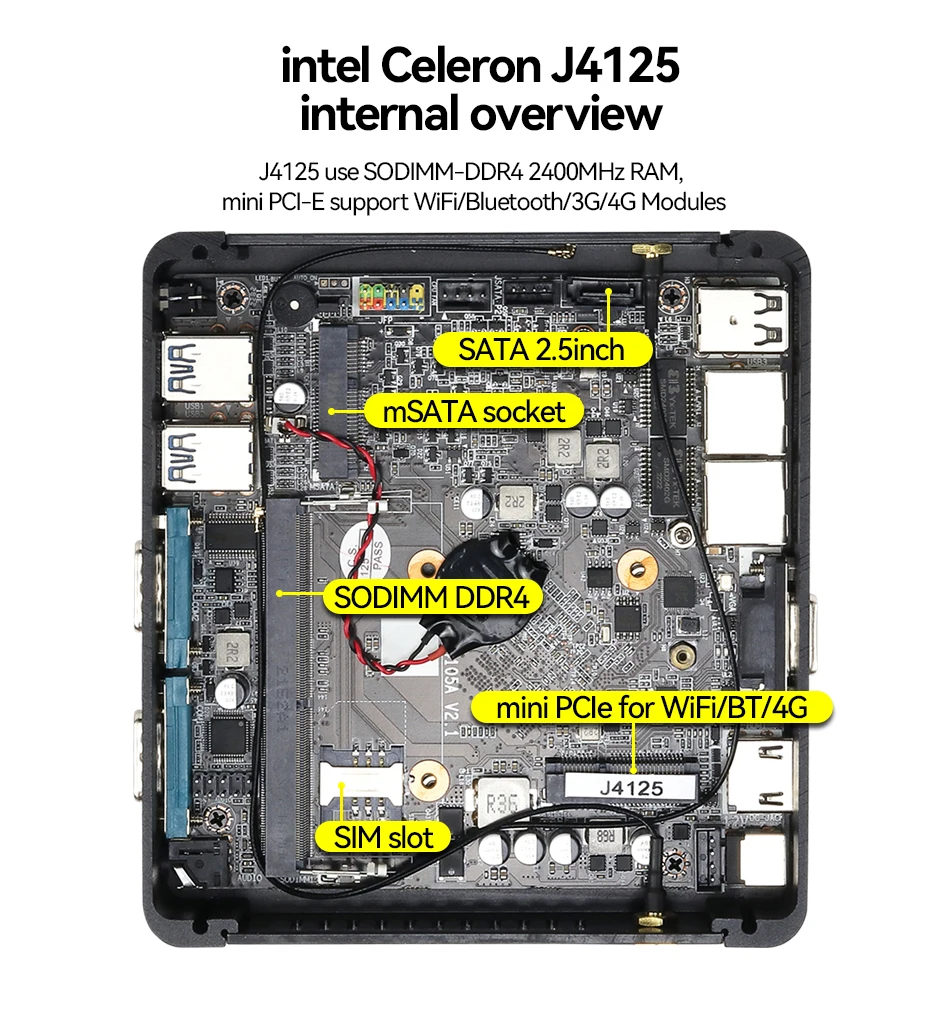 Imagem -05 - Mini Computador Fanless Industrial do pc Intel Celeron J4125 Windows 10 Ethernet do Gigabit 2x 2x Rs232 Ddr4 Hdmi Vga Wifi 3g 4g