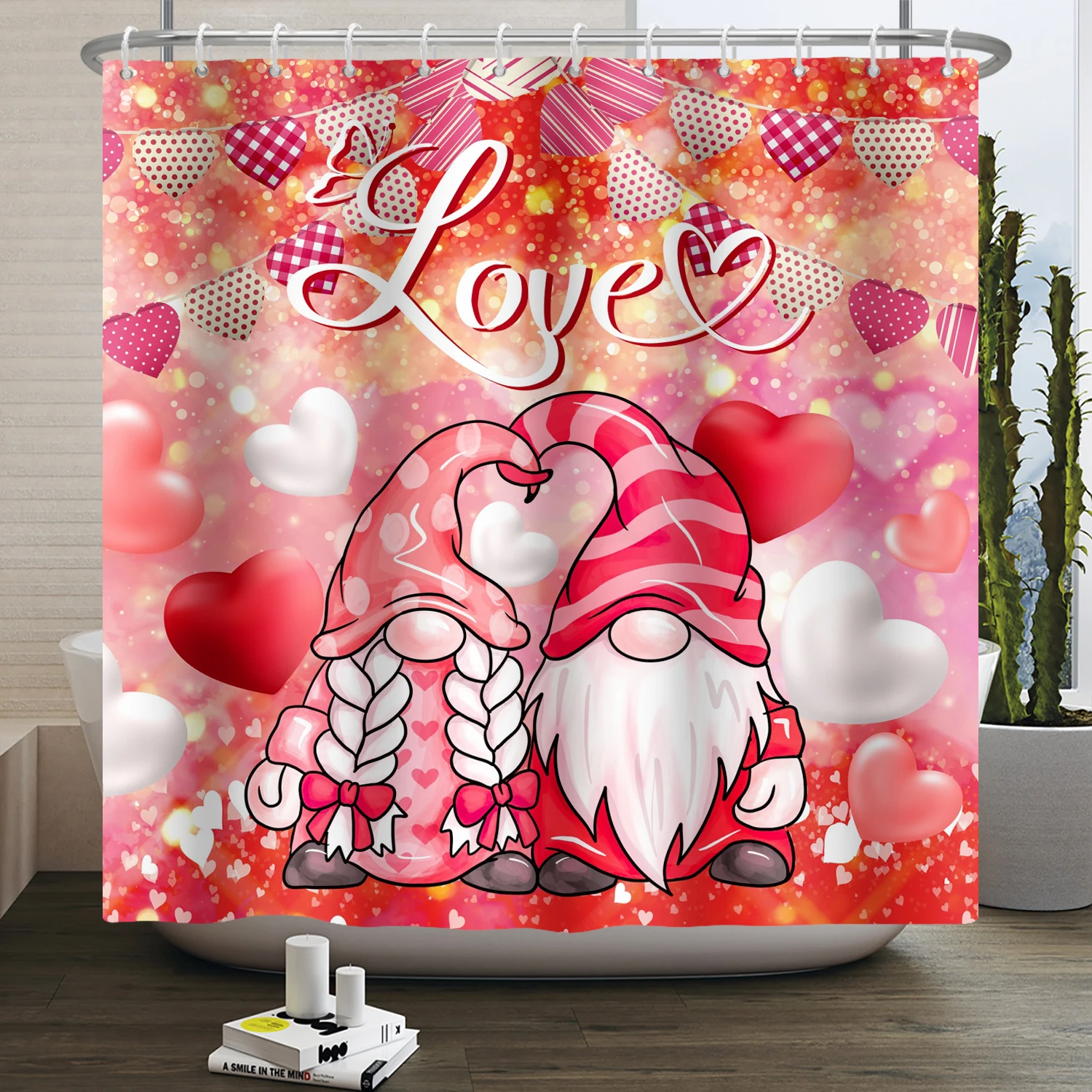 Valentine's Day Dwarf Shower Curtain St. Patrick's Day Easter Red Heart Balloon Leaf Rose Bath Curtain Waterproof Bathtub Screen