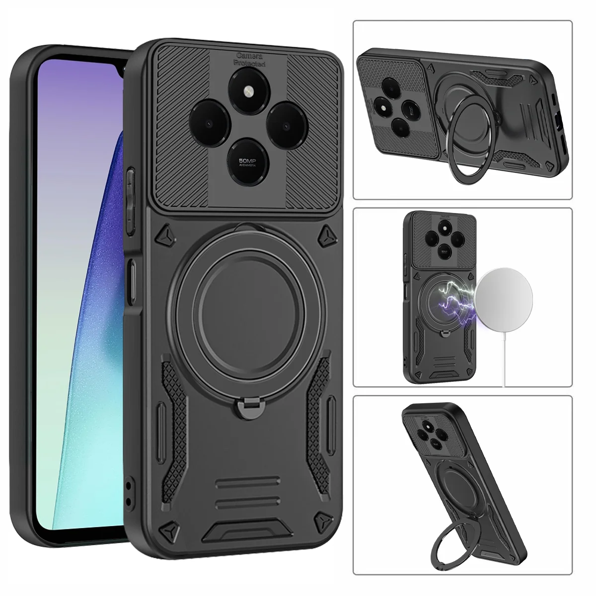 مع حامل معدني دوار لحافظة Magsafe المغناطيسية لهاتف XIAOMI Redmi 14C Hybrid Defender غطاء خلفي صلب #1