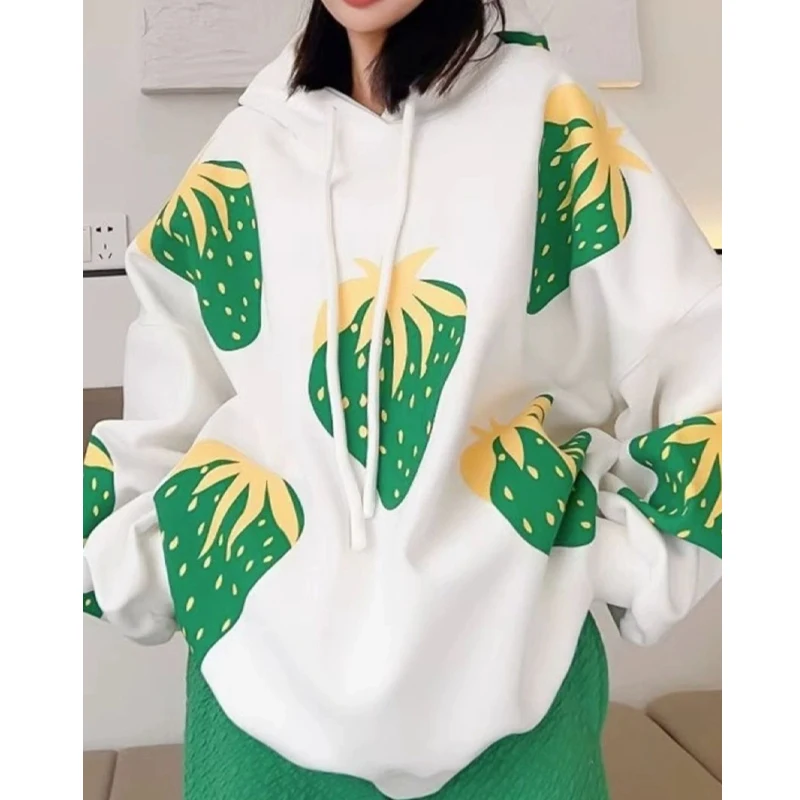 

spring autumn new Hooded fashion Long Sleeve Sweatshirts women High street strawberry Printing Drawstring All-match Pullovers