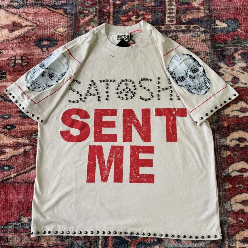 Real Photo Vintage Washed Worn Nail Beads SATOSHI Tshirts Red Faded Letters Cracked Skull Print Short Sleeve Men Women Tops