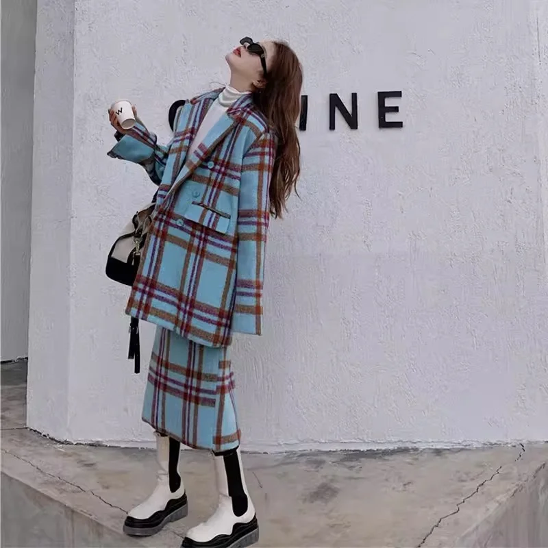 Checkered Suit Jacket for Women\'s Autumn/Winter 2024 Hong Kong Style Retro Small Fragrant Half Skirt Two-piece Set Trendy Trendy