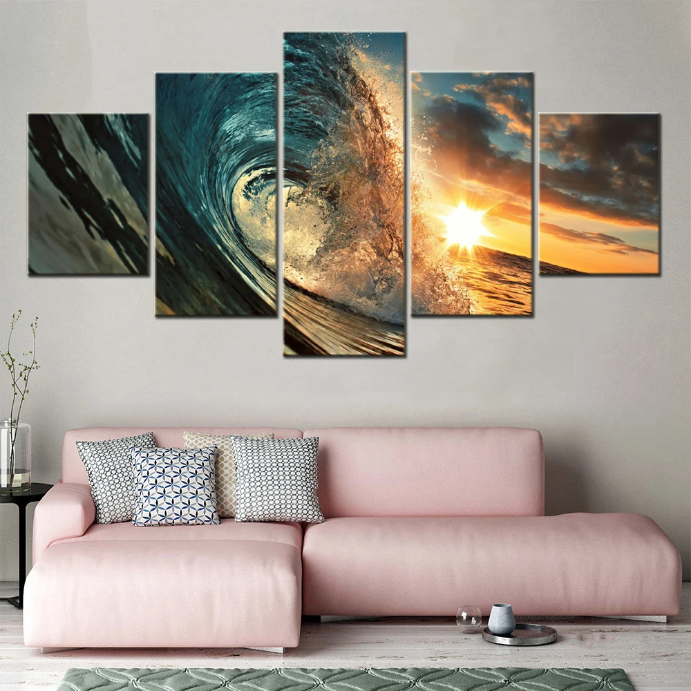 

5 Pieces Canvas Wall Arts Home Decor Nature Poster Painting Ocean Waves Sunset Wallpaper Modular Picture Print For Living Room