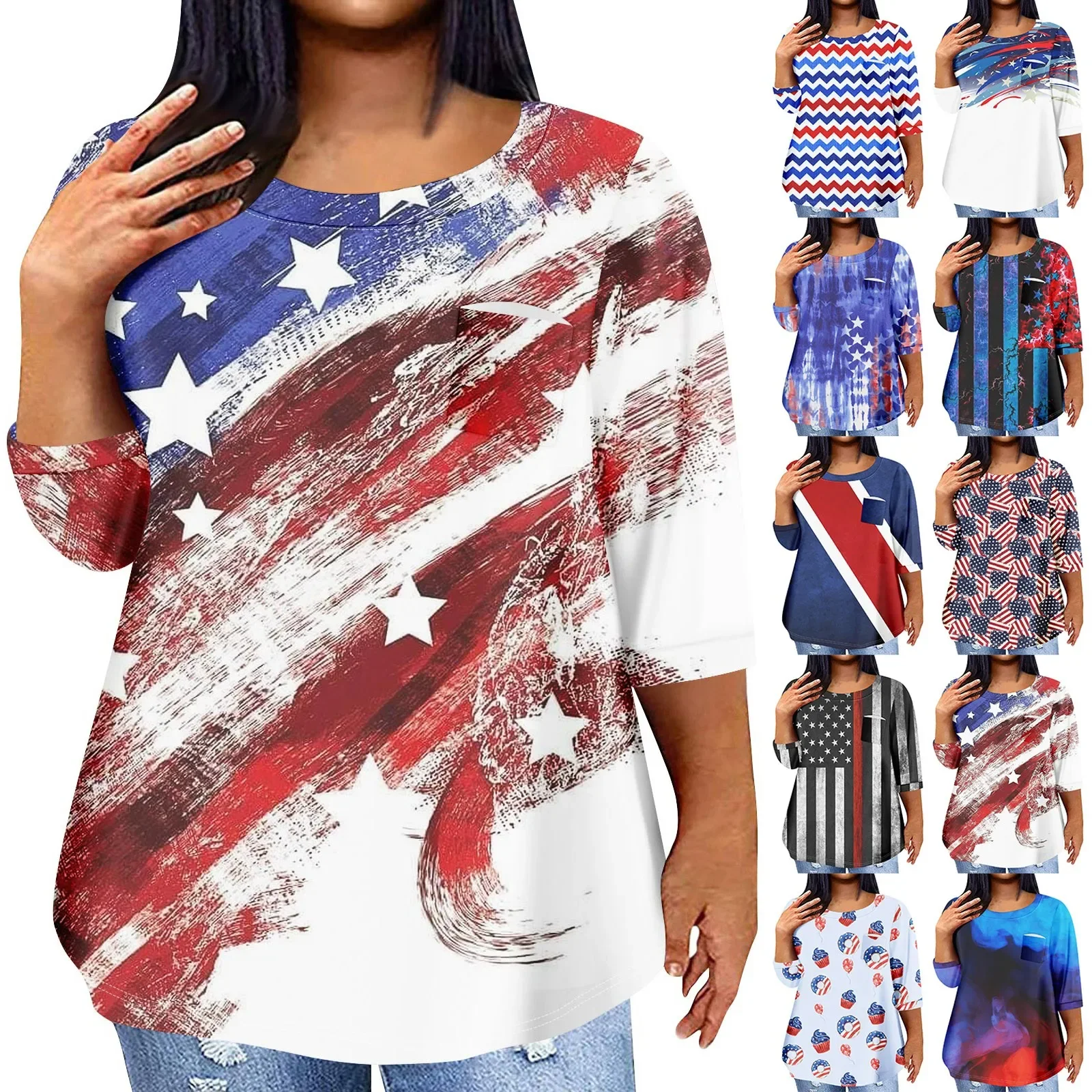 Women Plus Size Tops Summer Daily O Neck Loose Regular Tops Xxxl 3/4 Sleeve Tops For Fashion Casual Independence Day Print Tops