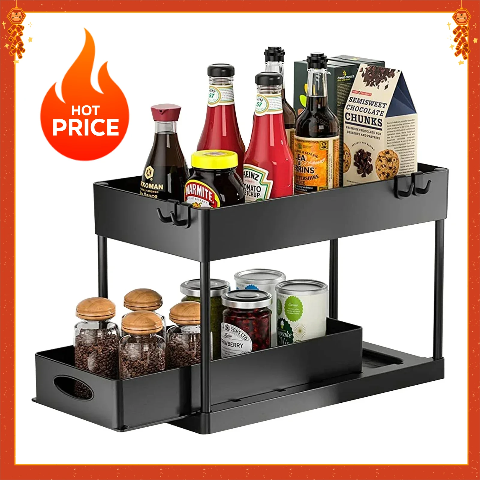 New 2 Tier Under Sink Organizer Sliding Cabinet Basket Organizer Storage Rack with Hooks Hanging Cup Bathroom Kitchen Organizer