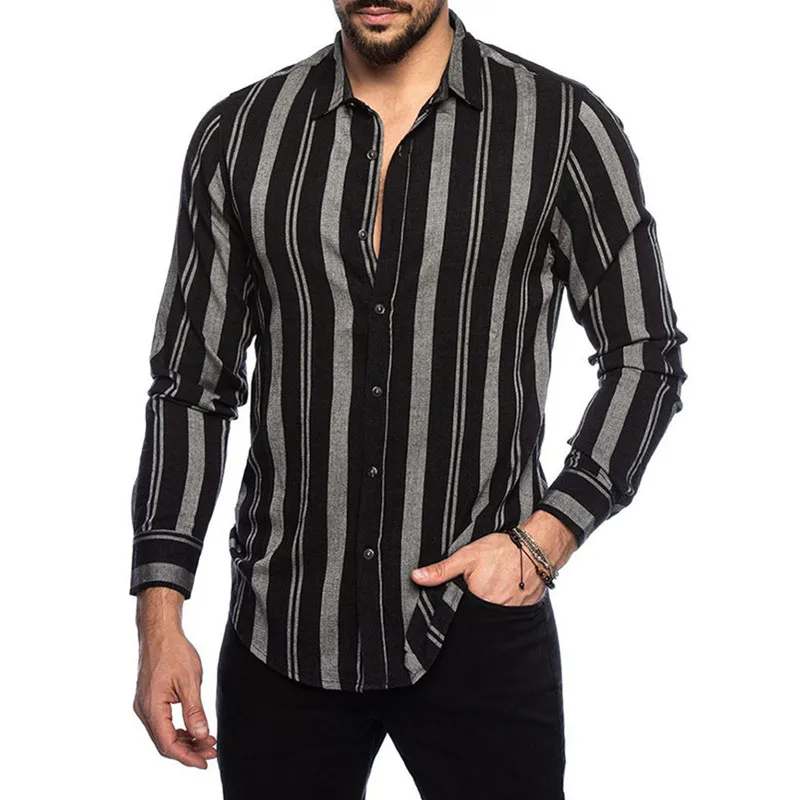 

Autumn New Fashion Hawaiian Slim Fit Striped Shirts Casual Men Y2K Mens Vintage Black Long Sleeve Shirt Clothing Chemise Homme