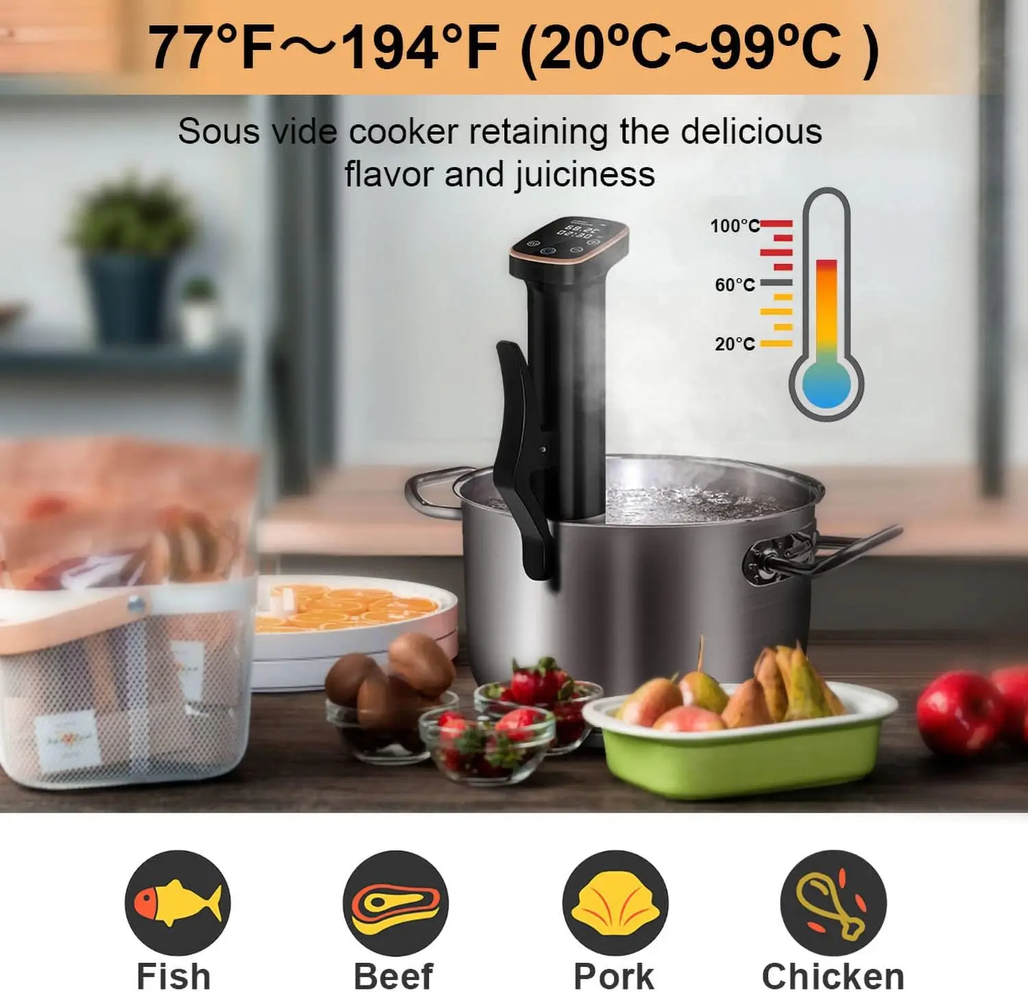 Sous Vide Machine 1100W Sous Vide Cooker, IPX7 Waterproof Immersion Circulator Precisional Cooker with Temperature Control, Digi