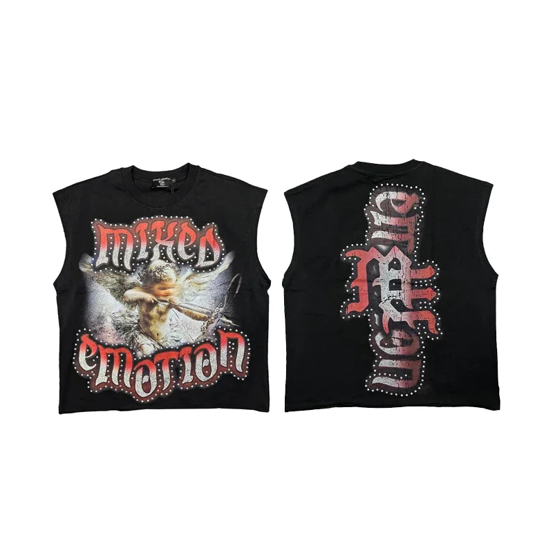

2025 Mixed Emotion Vest Sleeveless T-shirt Summer New High Quality Retro Hot Drill Angel Print Loose Crewneck Tank Tops Men Wome