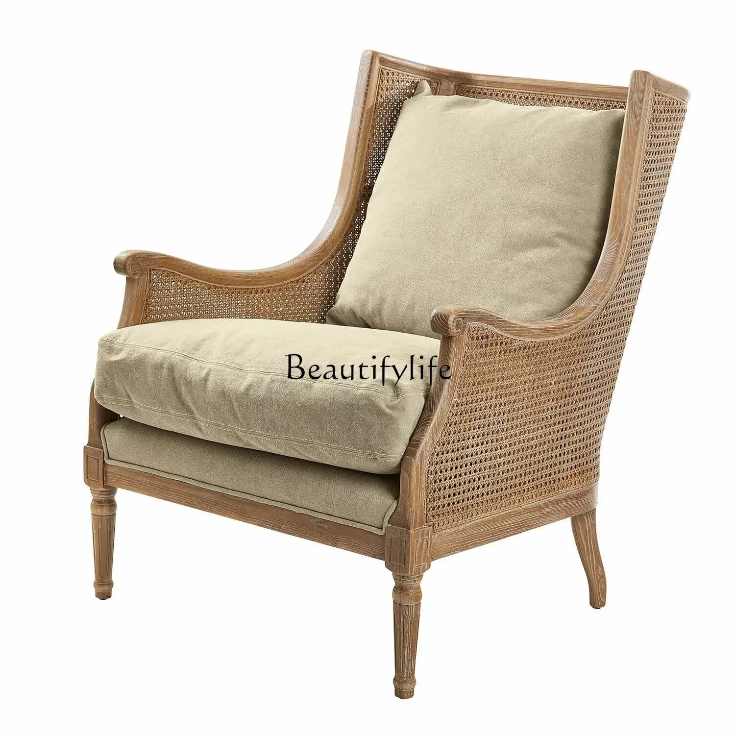 

052 yj15 American country solid wood rattan sofa chair living room home balcony leisure chair