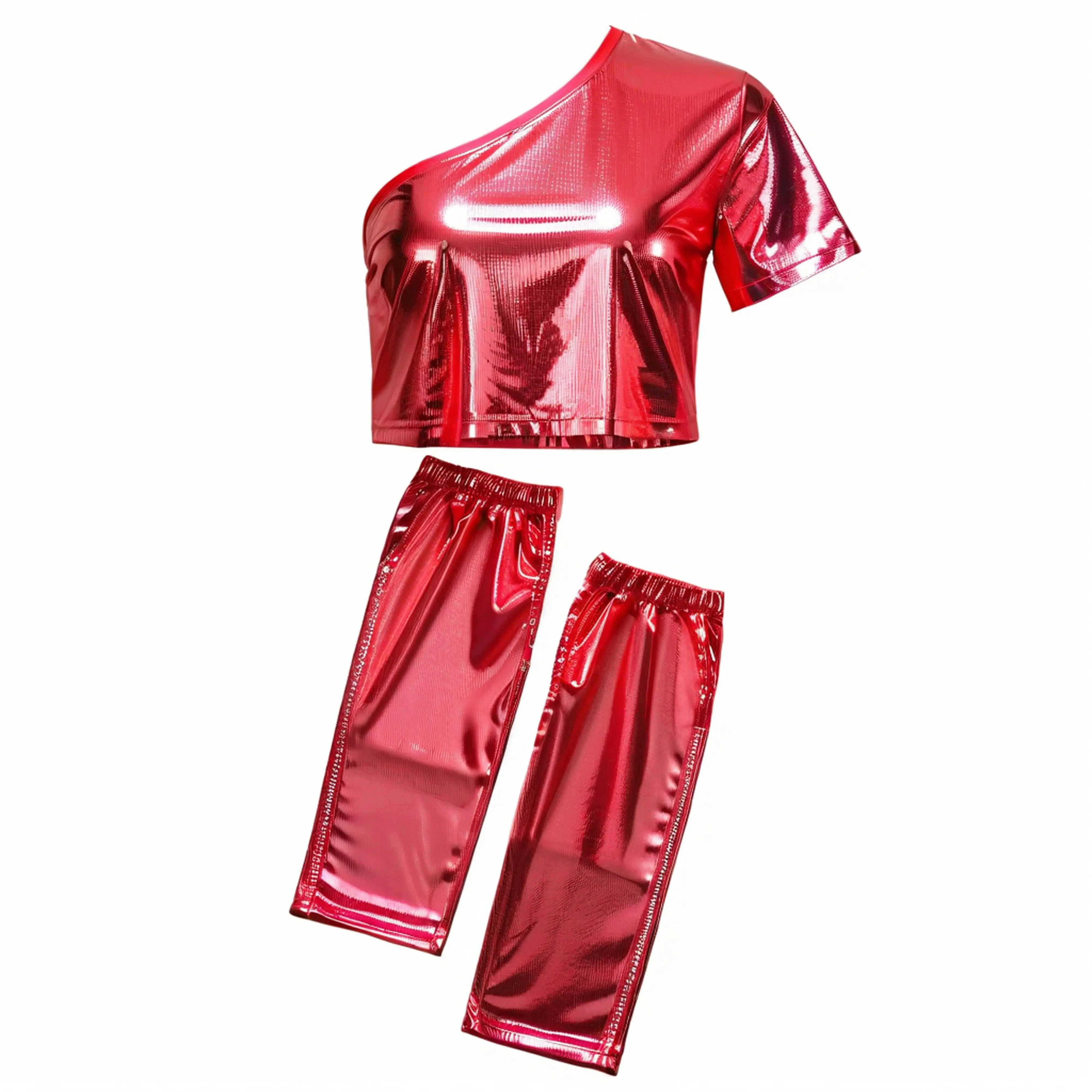 Girls Jazz Dance Costume One Shoulder Metallic Tank Crop Top with Shimmery Gloves for School Cheerleading Performance Dancewear