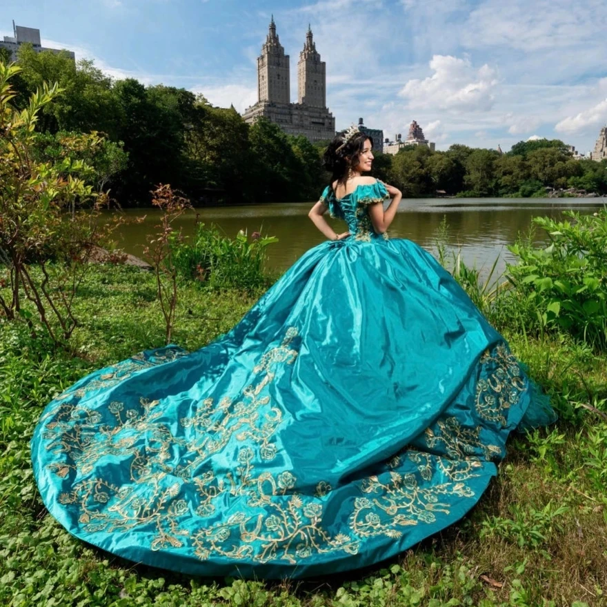 Teal Princess Quinceanera fur ses, Tulle Appliques, Sweet, Ball Gown, Off The Initiated, Mexican, 16, 15 Ans