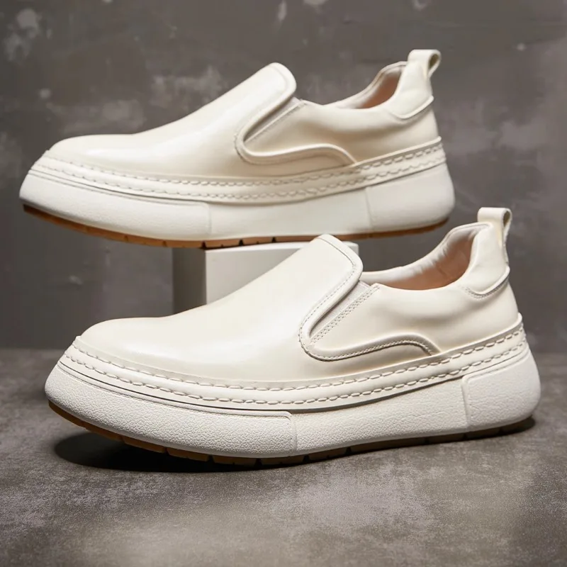 Minimalist Cowhide Men Slip-On Sneakers Multi-Layer Stitched Chunky Sole Platform Loafers Lightweight Daily Footwear