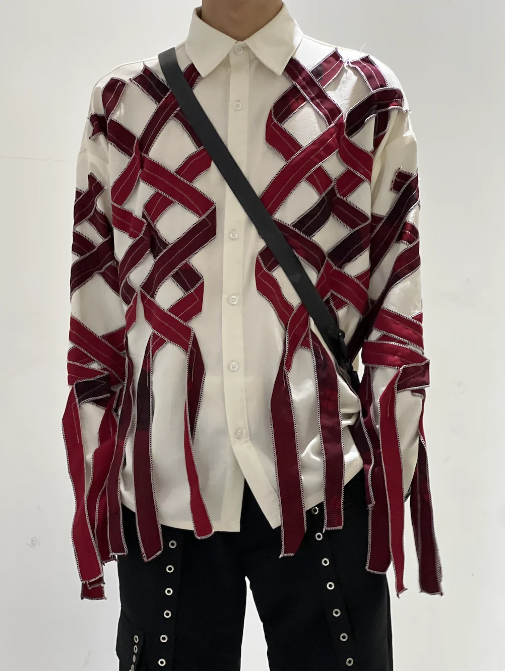Red Twist  Retro Patchwork Fringe Shirt Loose Long Sleeve Unisex Autumn Winter New Style Japanese Style Loose Fit Shirt