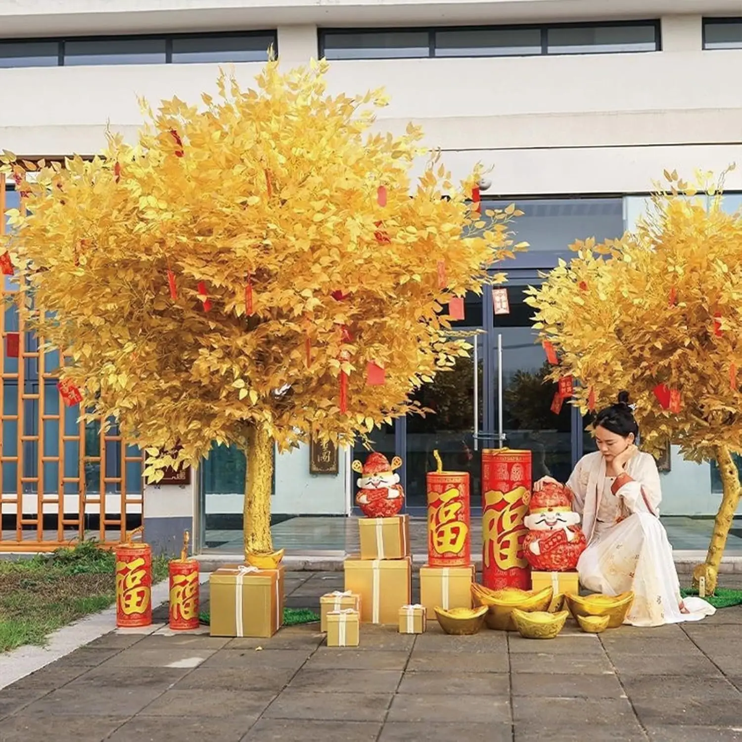 

Tall Artificial Banyan Tree Faux Silk Golden Money Wishing Tree Large Outdoor Plant for Home Decor