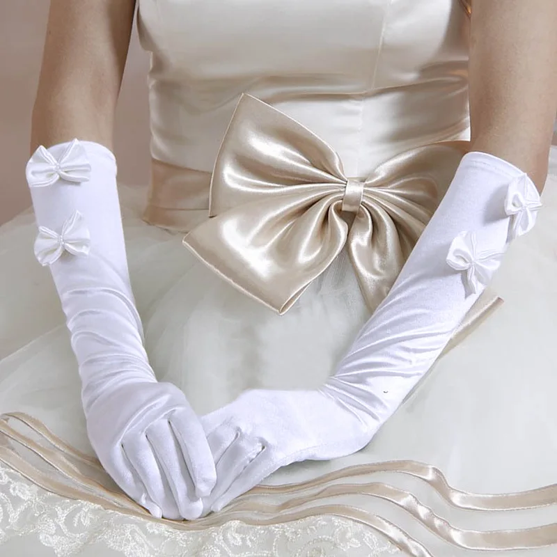 Gants de mariée en Satin avec Double nœud pour les doigts, mi-longueur, perlée, rouge, blanc, Beige, noir, manches