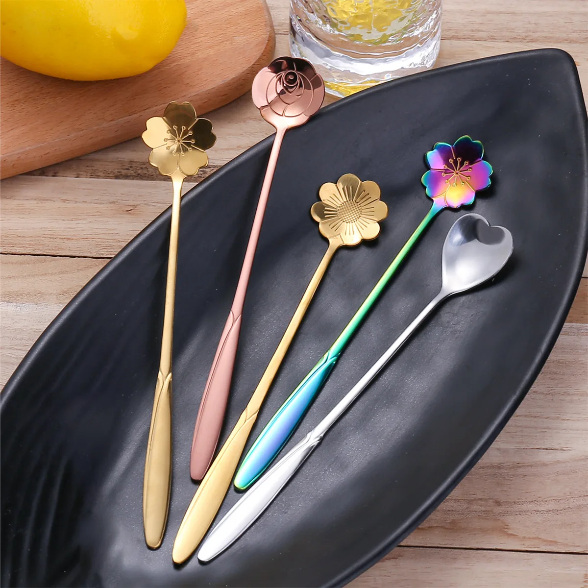 

Long Handle Cherry Rose Coffee Stirring Spoon Stainless Steel Honey Mixing Teaspoon Ice Cream Dessert Scoop Decor for Kitchen
