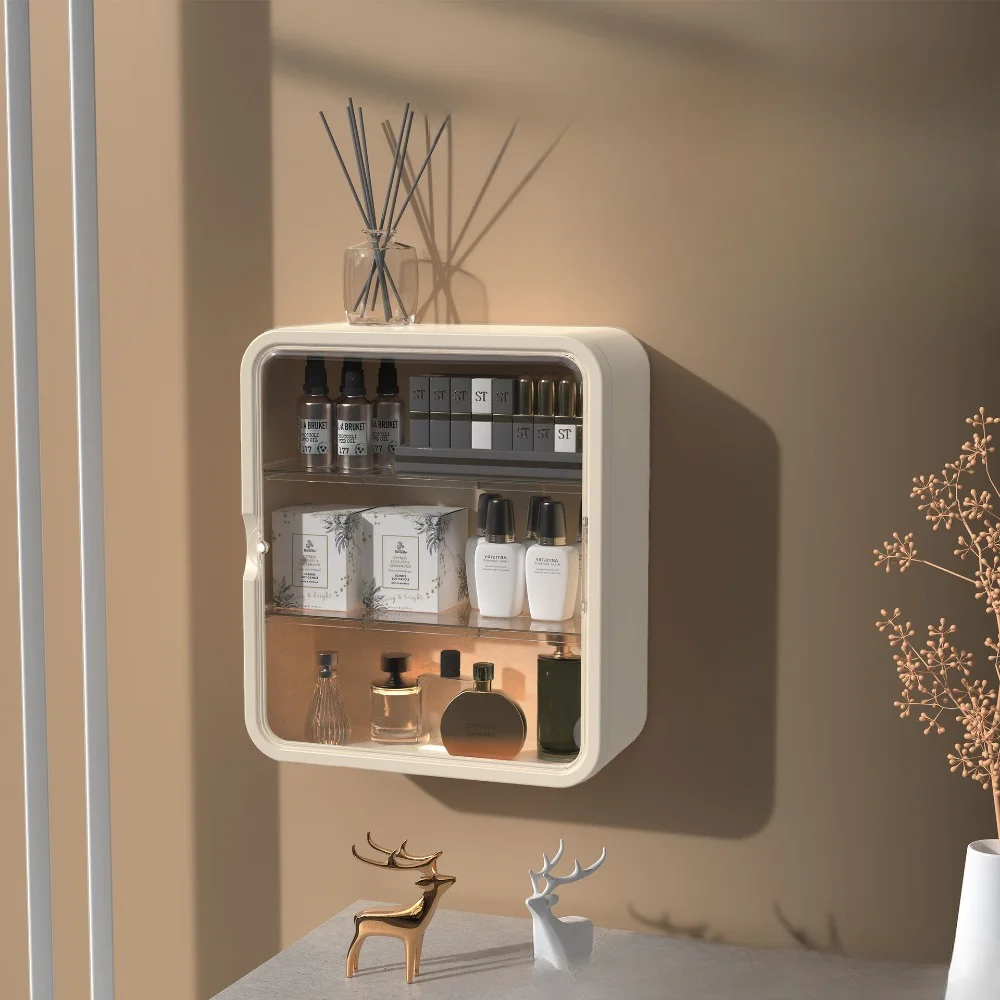 Punch Free Makeup Organizer Wall Hanging Bathroom Storage Shelf Bedroom Bathroom Perfume Dust-proof Storage Box Cosmetic Shelf