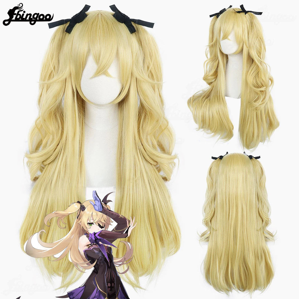 

Ebingoo Synthetic Genshin Impact Fischl Cosplay Wig Long Blonde Twin Curly Ponytails Golden Straight Heat Resistant Anime Wig