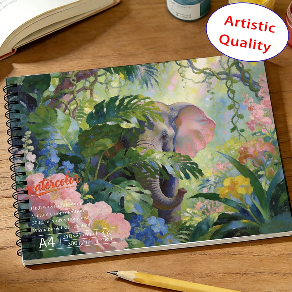 A4  Spiral Watercolor Pad 300gsm, Jungle Elephant Floral Cover, 16 Sheets Acid-Free Art Sketchbook for Back to School & Gift