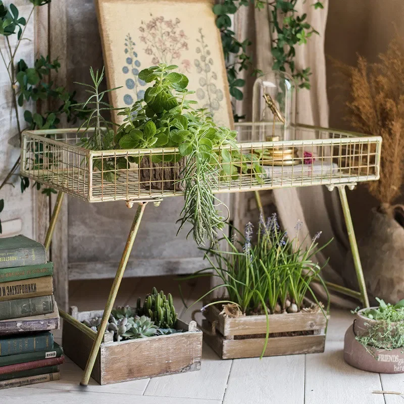 Retro wind wrought iron frame flower stand flower table removable Nordic living room balcony multi-functional storage table deco