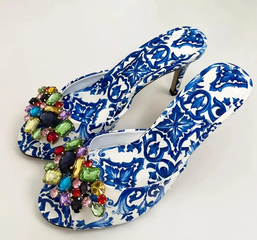 

Summer Yellow Blue Porcelain Floral Peep Toe Slipper Diamond Crystal Women Slingbacks Sandals 8 cm High Heels Slide Shoes