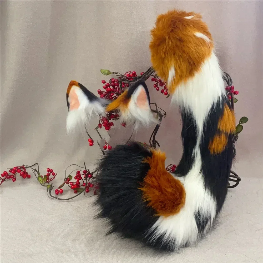 Custom Handmade Ailurus Fulgens Three Felinae Cat Fox Wolf Ear Hairhoop Headwear Tail For Halloween Christmas Party Cosplay Prop